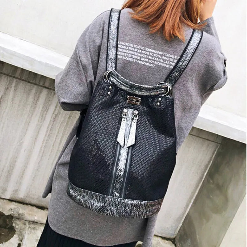 New Fashion Sequins Leather Laptop Backpack Women Female Personality Lock Anti Theft Bagpack Travel Mochila Feminina  Back Pack
