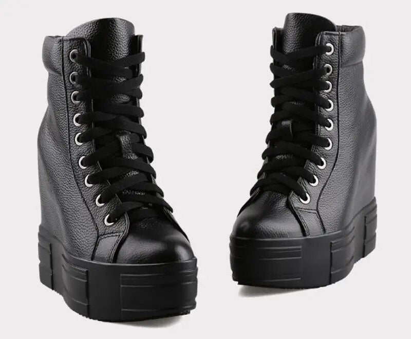 Cyabmoz Genuine Leather Height increasing Shoes Women Wedge Platform Casual Sneakers Hidden High heels Party Ladies Black Shoes