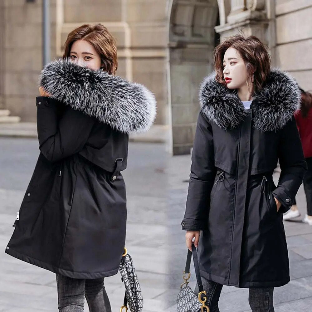 Vielleicht 2022 New Warm Fur Lining Long Parka Winter Jacket Women's Clothing 6XL Medium Long Hooded Winter Coat Women