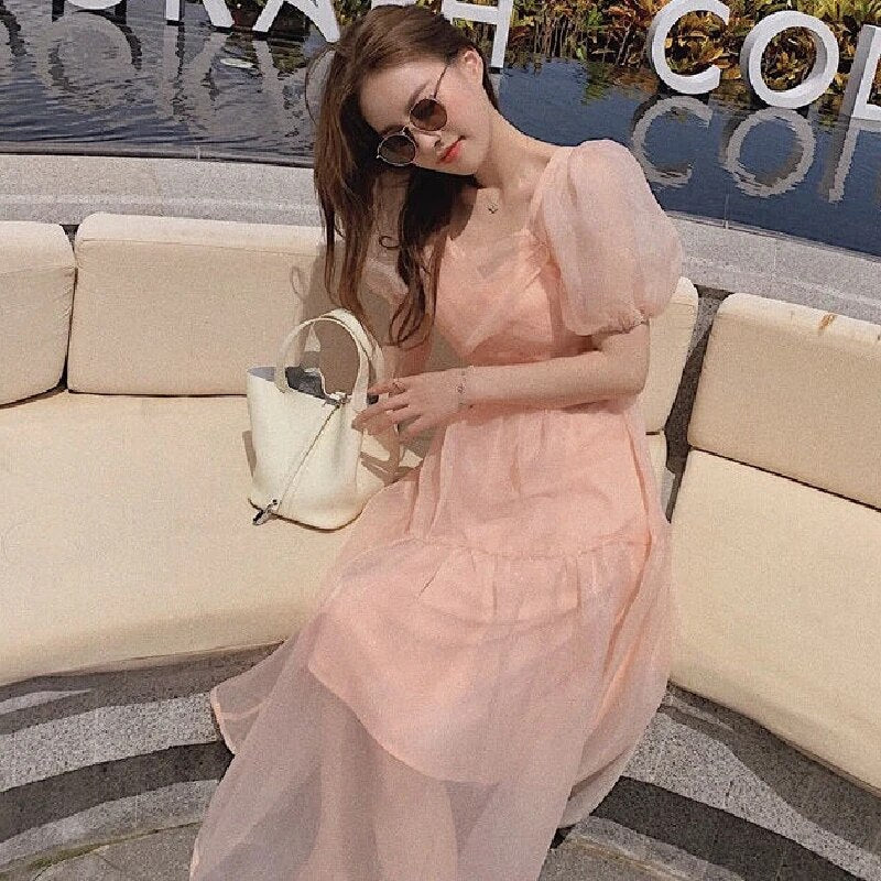 Lolita Puff Sleeve Slim Lace Chiffon Pink Dress Elegant Designer Dress Women French Bandage Dresses 2022 Autumn Women's Clothing