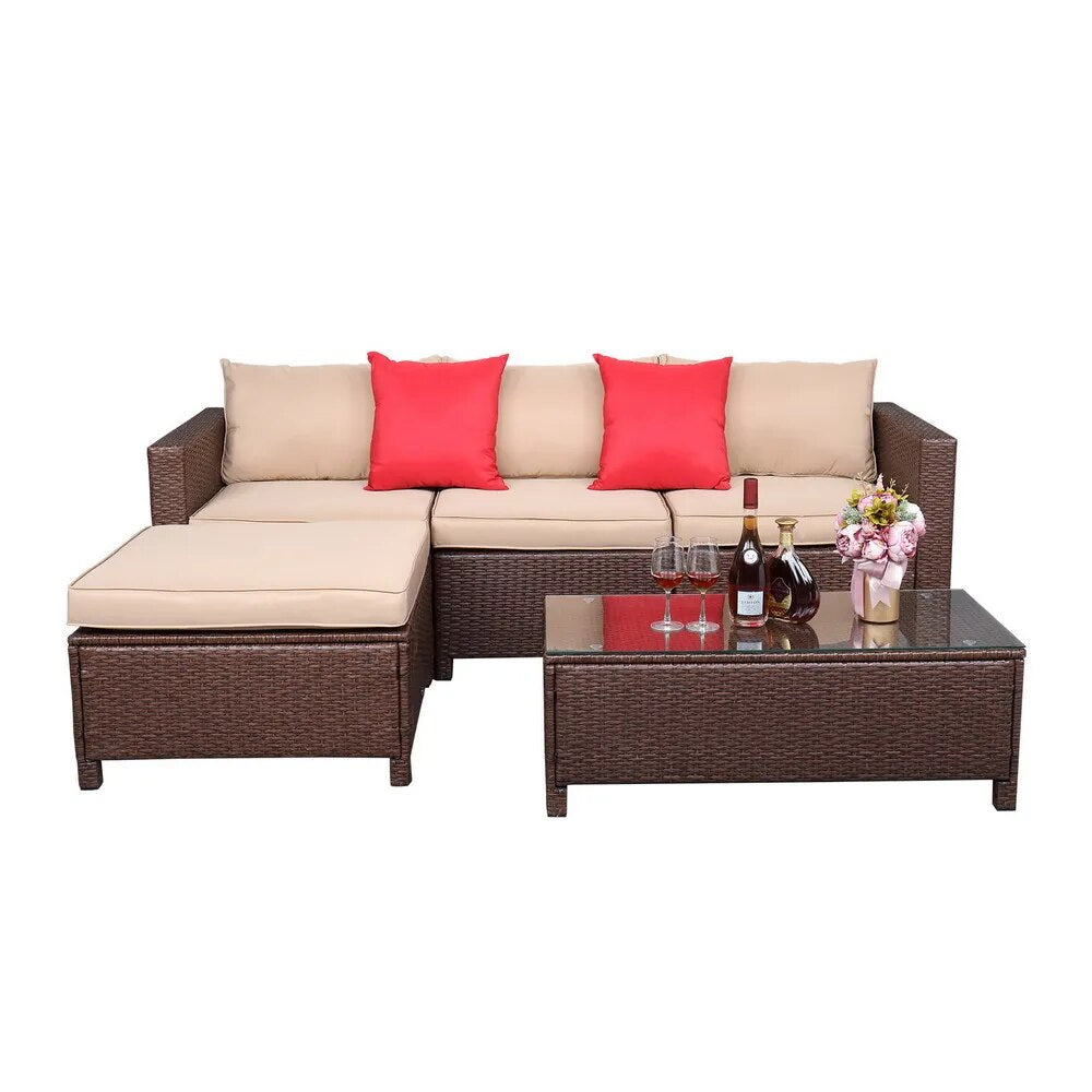 5Pcs Patio Furniture Set Rattan Sofa Hanging Legs 2 Corners 1 Sofa Without Armrests 1 Foot Drag 1 Rectangular Coffee Table Brown