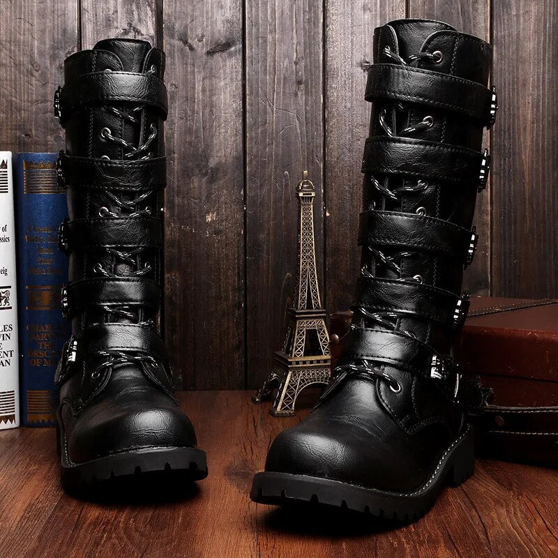 ZERO MORE Army Boots Men High Military Combat Boots Metal Buckle Punk Mid Calf Male Motorcycle Boots Lace Up Men's Shoes Rock