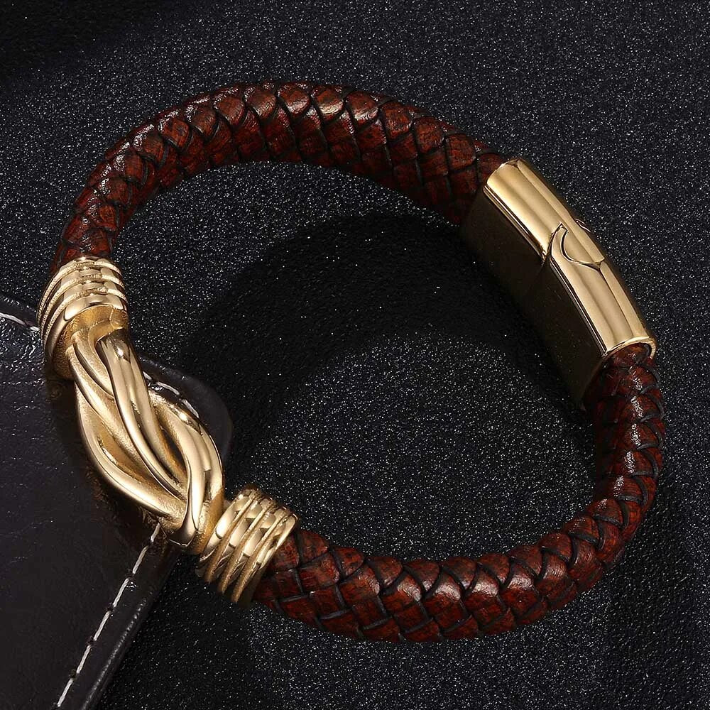 Punk Bracelet Men Brown Leather Stainless Steel Unique Knot Shape Wristband Magnet Buckle Bracelets Male Jewelry Gift BB0750