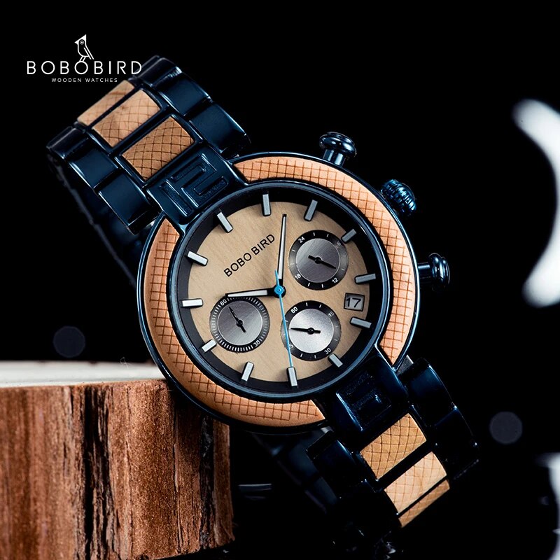 BOBOBIRD Quartz Business Mens Watch Wood & Stainless Steel Chronograph Timepieces jam tangan pria Gift In Wooden Box L-T15