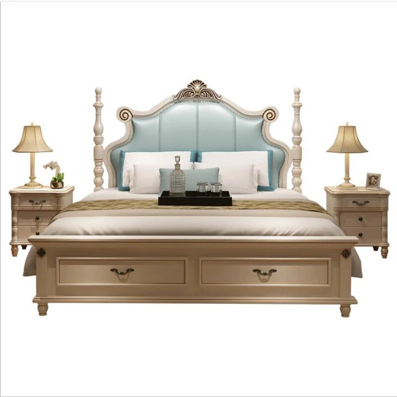 modern european solid wood bed 2 people Fashion Carved  leather  french bedroom furniture bng011