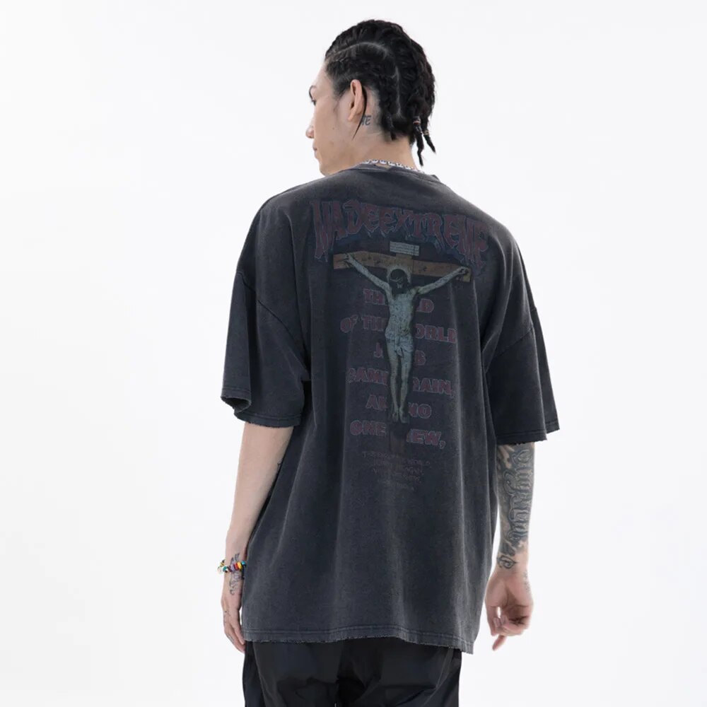 Aolamegs Men's Tee Shirts Ancient Culture Letter Print Distressed T Shirt Men Loose Retro High Street Hip Hop Streetwear Summer