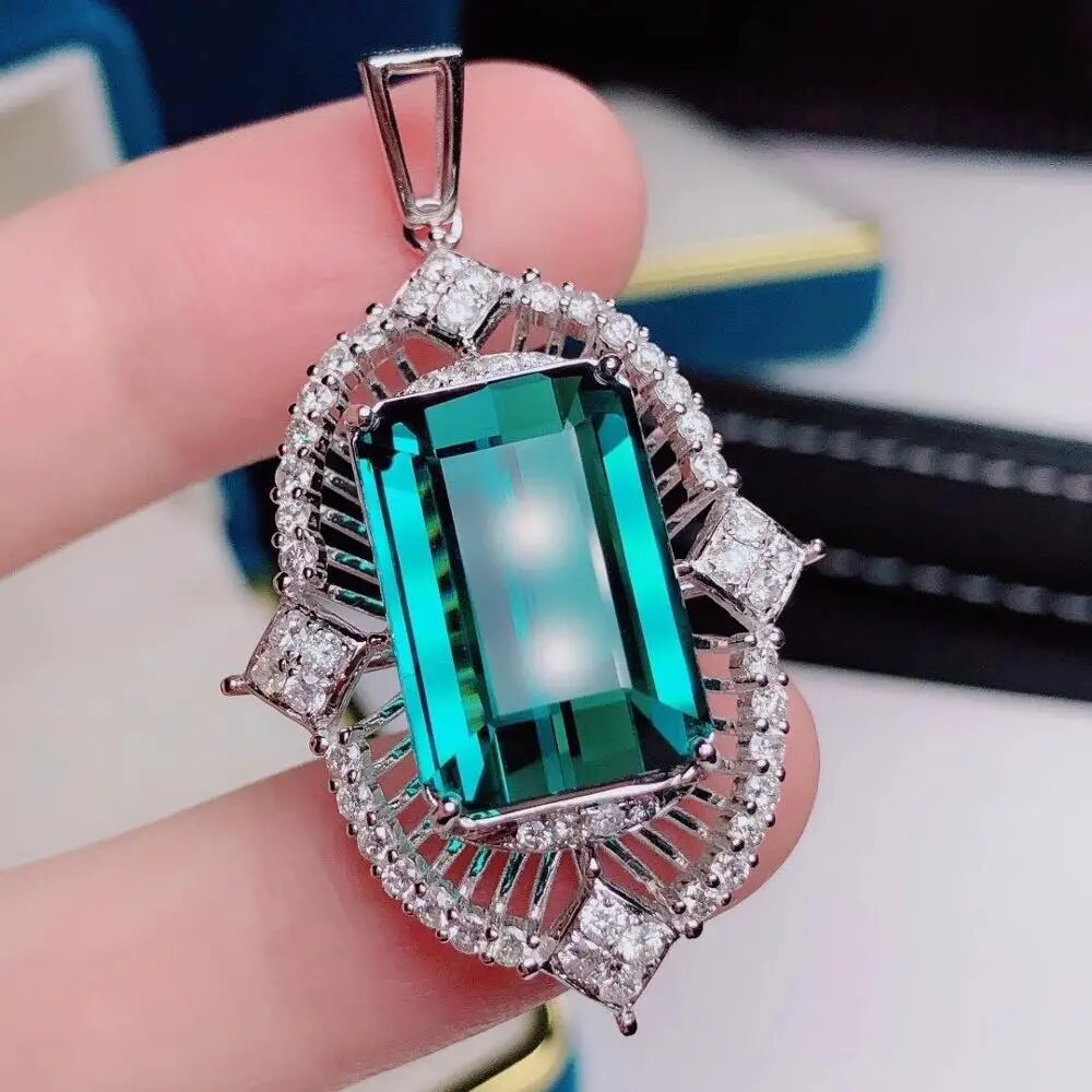 H915 Fine Jewelry Solid 18K Gold 100% Natural 17.55ct Blue Tourmaline Diamonds Gemstone Diamond Women's Pendants Necklaces
