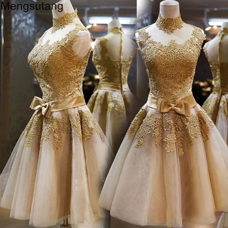 Robe De Soiree 2023 golden Short Lace Evening Dresses gowns Banquet Vintga High Neck vestido de festa Prom Dresses party dress - KAISERINC