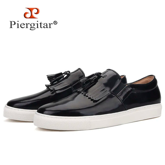 Piergitar 2020 handcrafted genuine leather men sneakers white rubber bottom men's tassel casual shoes outdoor sports shoes