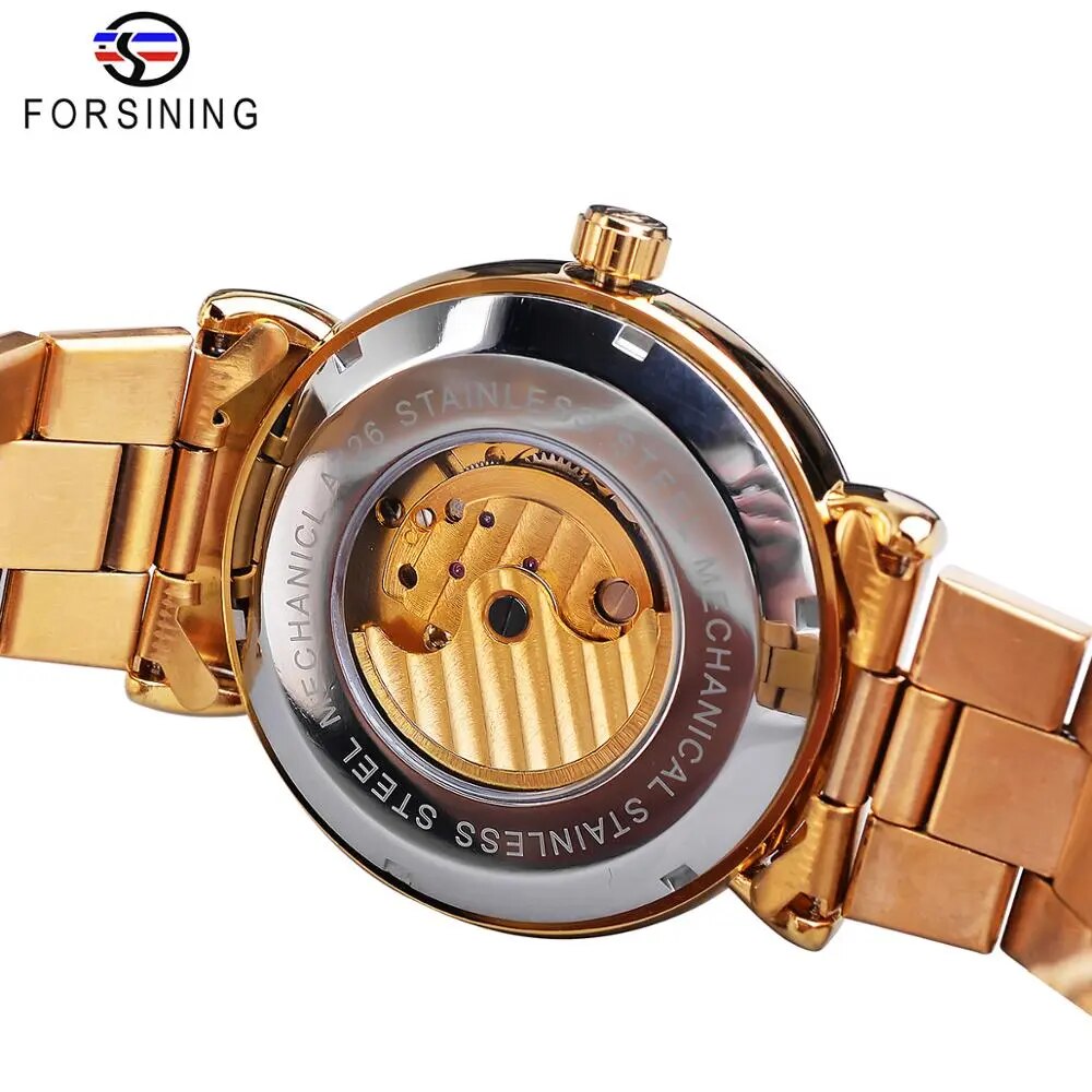Forsining Automatic Mechanical Business Watch Mens Clock Golden Moon Phase Steel Strap Wrist Watches Top Brand Relogio Masculino