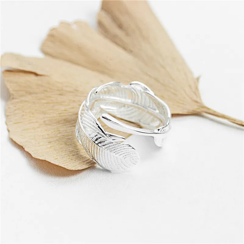 Real 925 Sterling Silver Jewelry Feather Open Rings For Women Original Design Luxury Femme Popularity Accessories 2022 New
