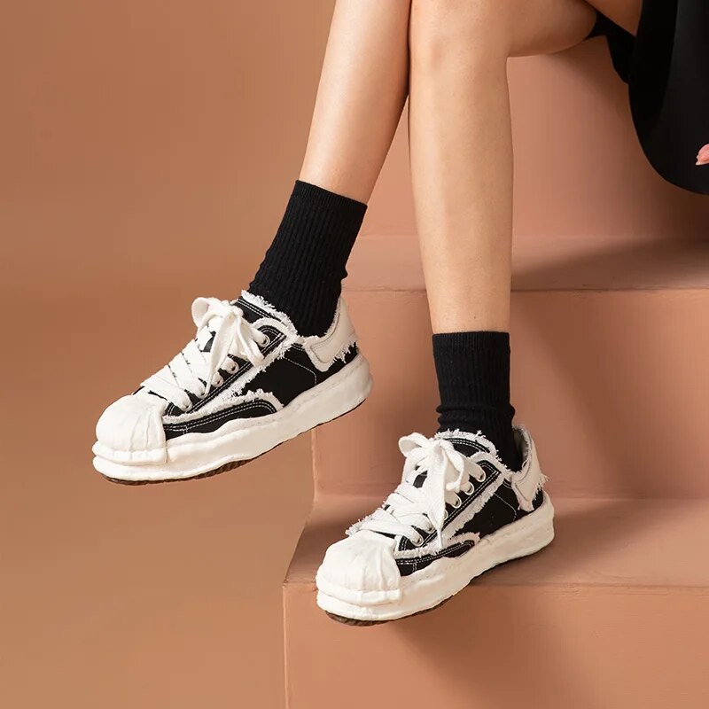 BeauToday Platform Sneakers Women Cow leather Denim Patchwork Lace Up Retro Ladies Shoes Chunky Sole Handmade 29127