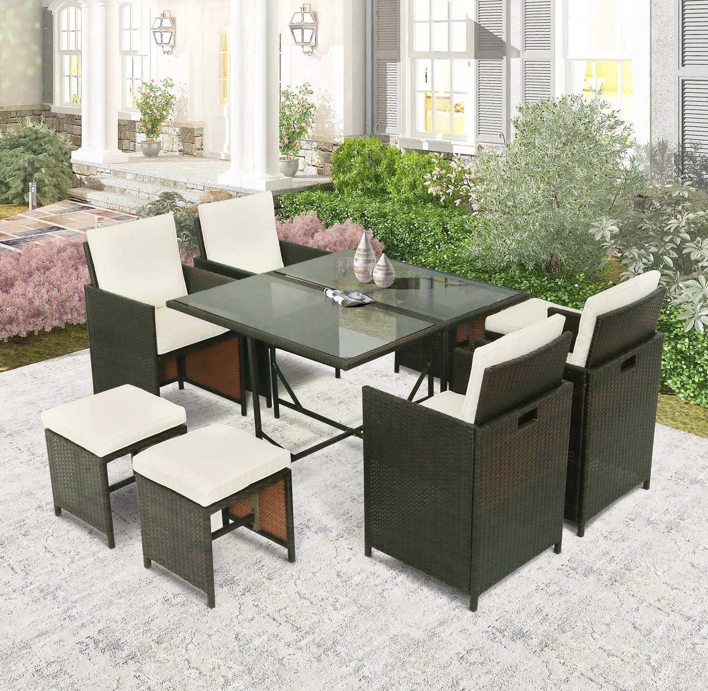 11 or 9 PCS Outdoor Patio Rattan Wicker Dining Table Set Garden Courtyard Furniture Sets 6 Armchairs+4 Stools+1 Table[US-Stock]