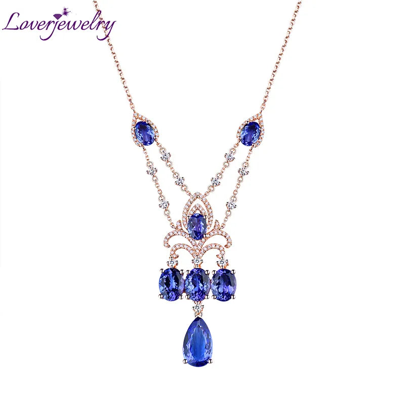LOVERJEWELRY Tanzanite Pendant Necklace Pure 18Kt Rose Gold 10.36ct 100% Natural Tanzanite GEM With Diamonds Necklace for Women