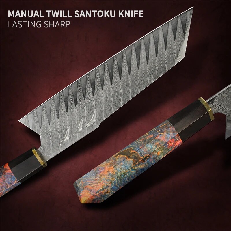 FZIZUO Santoku Knife Damascus Steel Blade Stabilized Wood Handle Cooking Knives Handmade Japanese Style Chef Knife with Sheath
