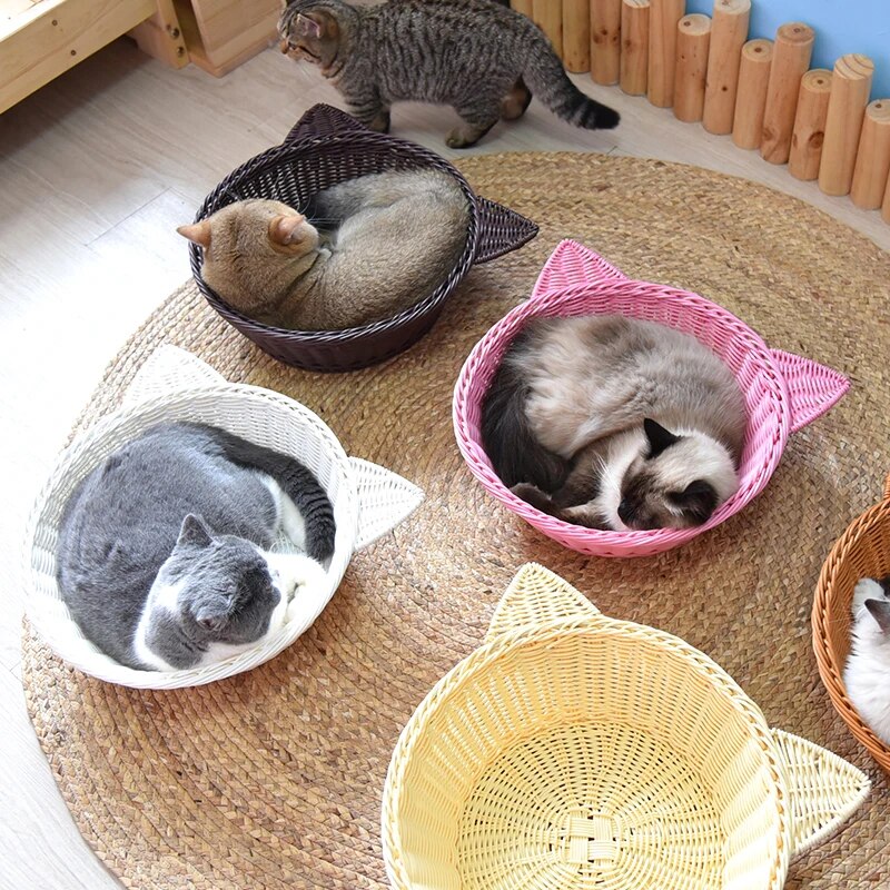 Handcrafted Rattan Wicker Cat Bed Couch Summer Cool Rope Round Beds Houses Pet Nest Kitten Lounge Sofa Condo Kitty Sleep Kennel