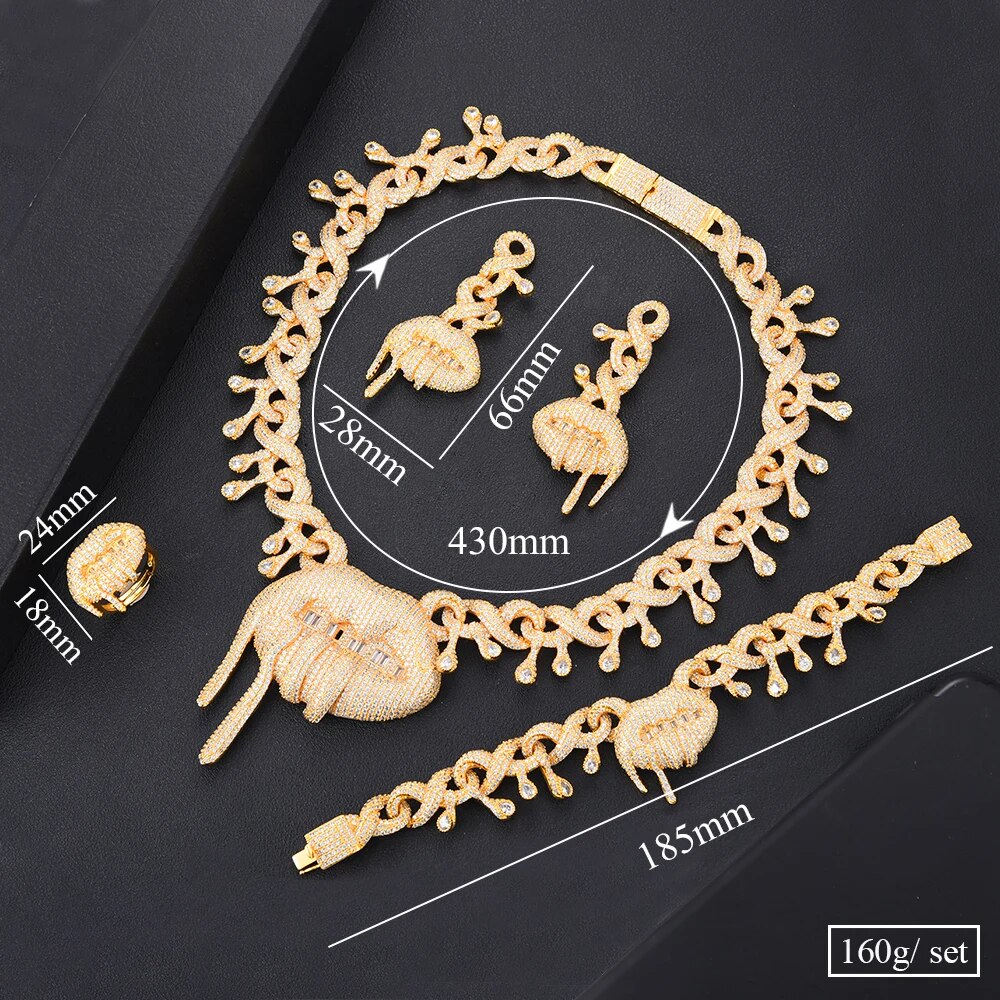 4PCS iced out bling hip hop women jewelry Set Tennis Chain with CZ Miami Cuban Link Chain Trendy Sexy Lips Charm choker necklace