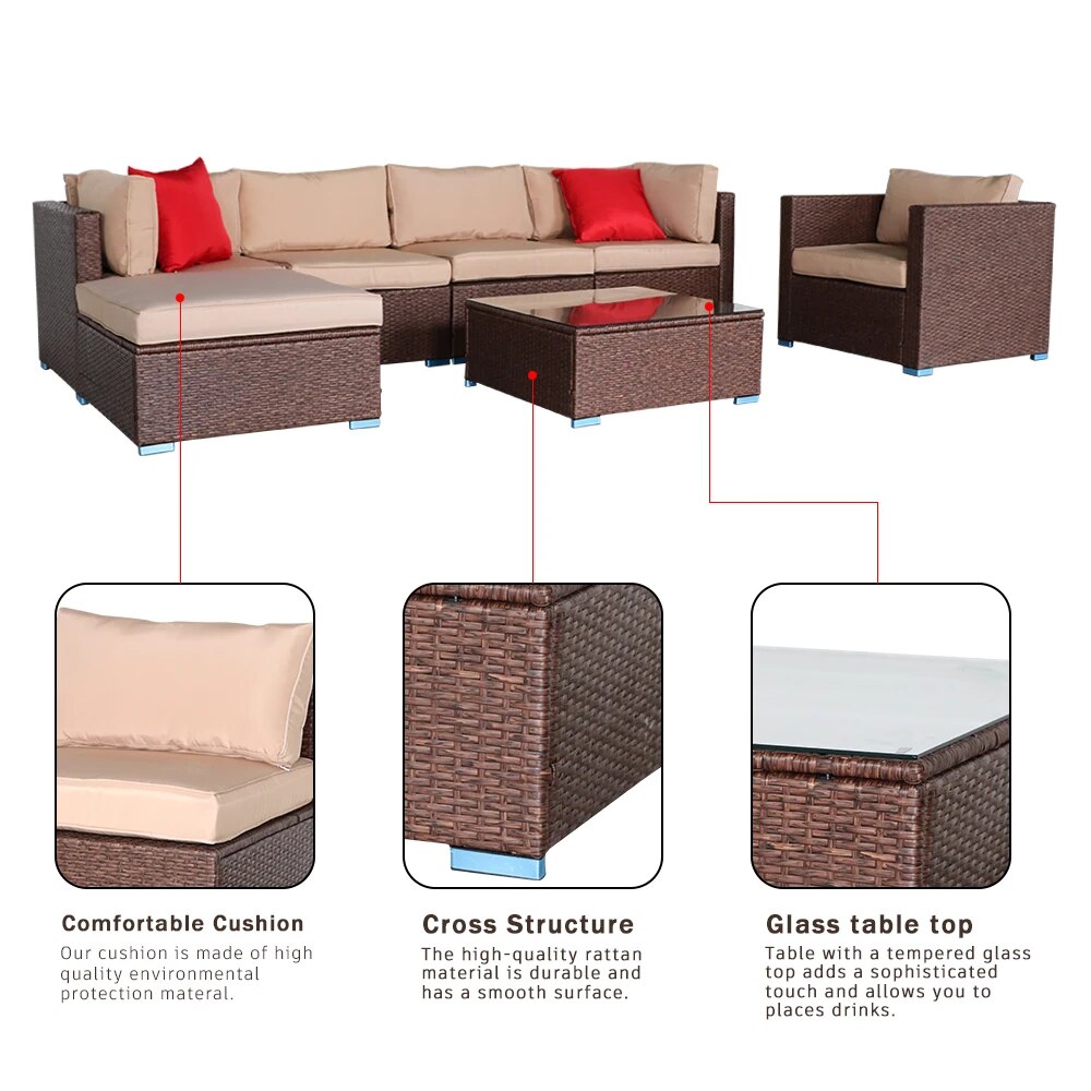 US Warehouse Patio Furniture Set 7 Pieces Wood Grain Patio PE Wicker Rattan Corner Sofa Set Outdoor Furniture Set