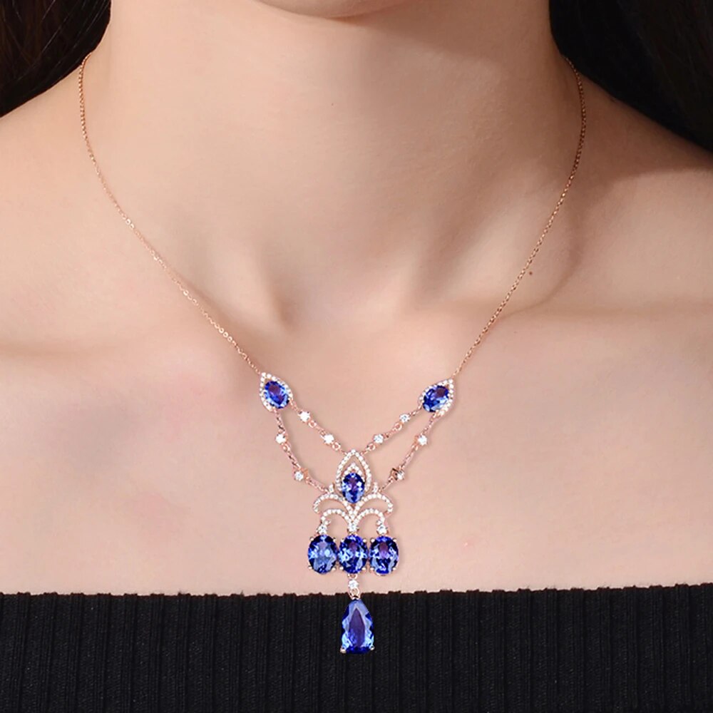 LOVERJEWELRY Tanzanite Pendant Necklace Pure 18Kt Rose Gold 10.36ct 100% Natural Tanzanite GEM With Diamonds Necklace for Women