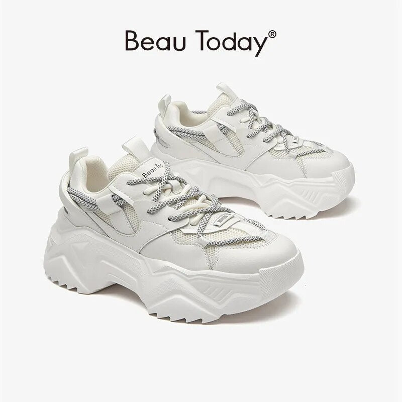 BeauToday Chunky Sneakers Women Synthetic Leather Patchwork Mixed Color Side Lace Fashion Thick Sole Ladies Casual Shoes 29413