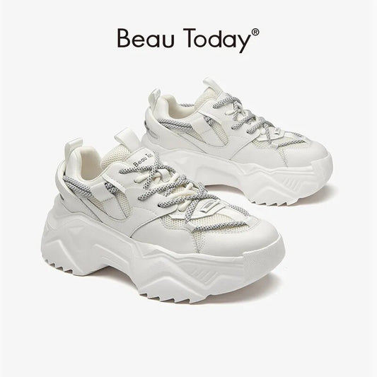 BeauToday Chunky Sneakers Women Synthetic Leather Patchwork Mixed Color Side Lace Fashion Thick Sole Ladies Casual Shoes 29413