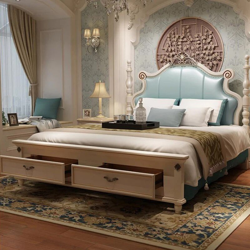 modern european solid wood bed 2 people Fashion Carved  leather  french bedroom furniture bng011