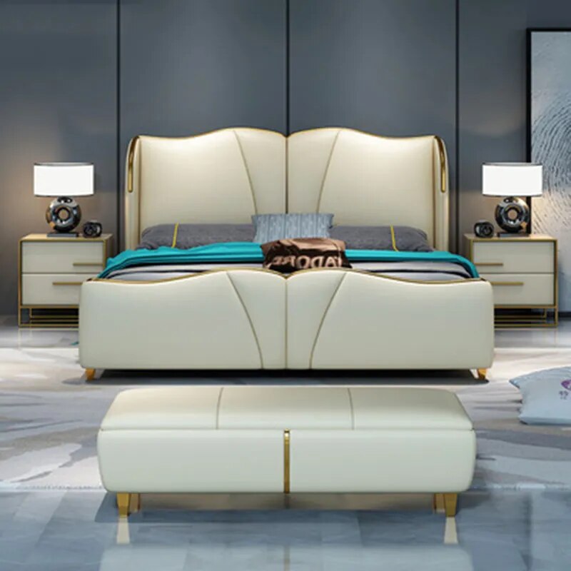 High quality factory price royal large king size Genuine leather soft bed bedroom furniture soft bed 3255