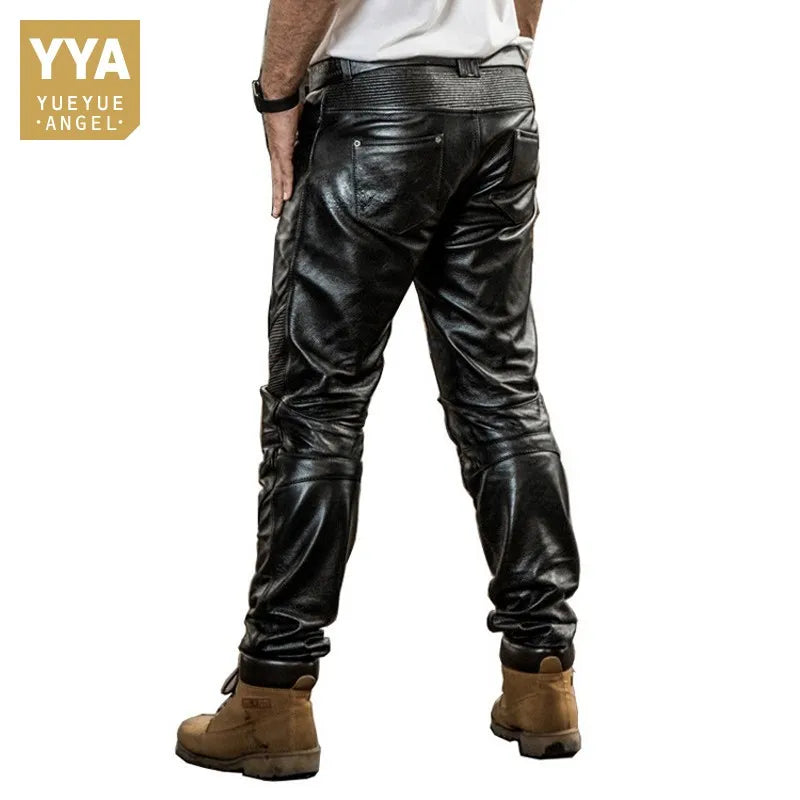 British Style Mens 2022 Winter New Genuine Leather Skinny Pants Biker Thick Black Casual High Quality Vintage Cowhide Pants