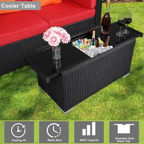 Rattan Furniture Set 5 Piece Patio Waterproof Durable 2 Corner/Armless Sofa 1 Insulated Coffee Table 10 Cushions 2 Hold Pillows