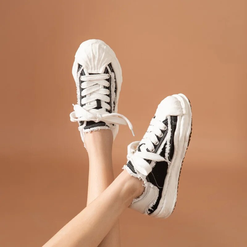 BeauToday Platform Sneakers Women Cow leather Denim Patchwork Lace Up Retro Ladies Shoes Chunky Sole Handmade 29127