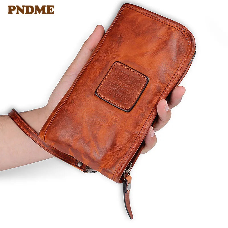 PNDME vintage designer real cowhide men long wallet luxury genuine leather multifunctional women credit card holder clutch purse