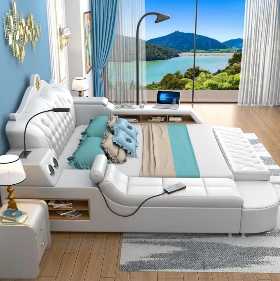 king size bedroom furniture Genuine leather soft bed 2 people bedroom furniture tatami soft bed hp005