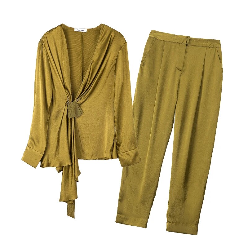 High-end 100% Heavy Silk Suit Women Wrapped Silk Two-piece Suit Long Sleeves Casual Pockets Pants Suits For Women New Fashion
