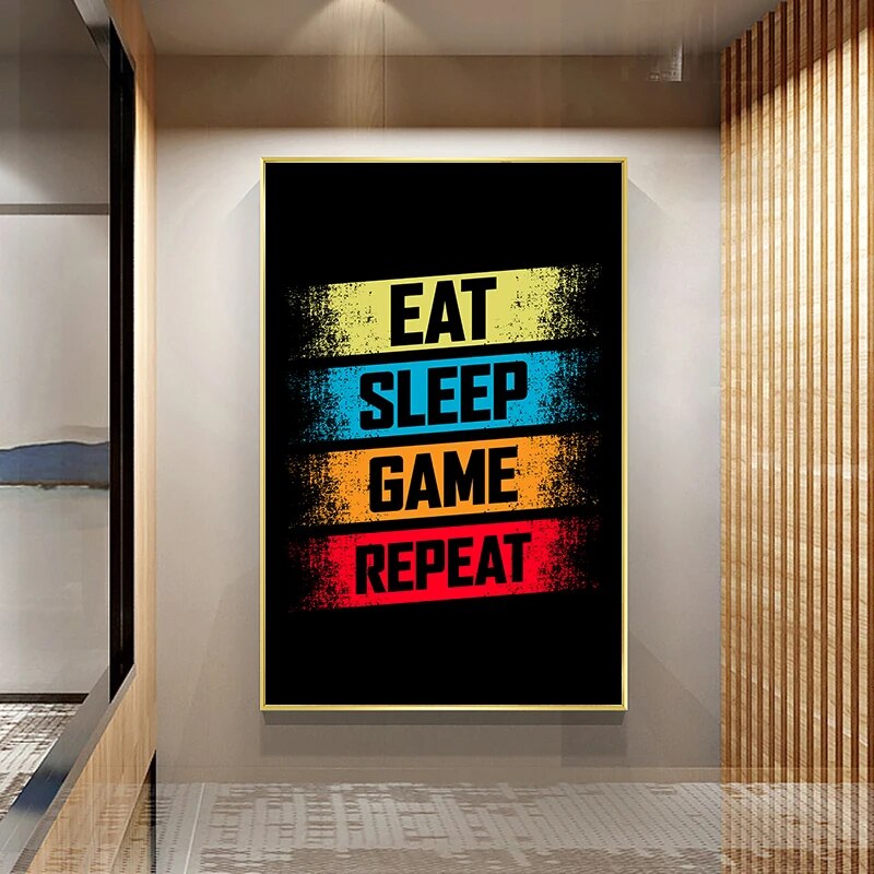 Eat Sleep Game Repeat Gaming Poster Gamer Canvas Painting Poster and Prints for Boys Room Decorative Wall Art Picture Playroom