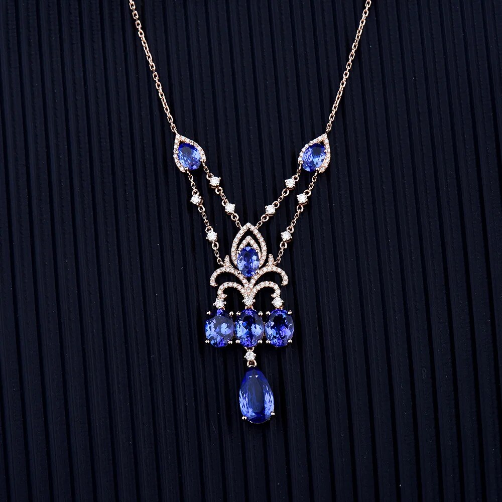 LOVERJEWELRY Tanzanite Pendant Necklace Pure 18Kt Rose Gold 10.36ct 100% Natural Tanzanite GEM With Diamonds Necklace for Women