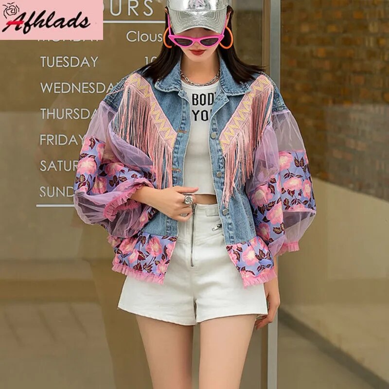 Pink Embroidery Tassel Stitching Lantern Long Sleeved Denim Jacket Women's Clothing Loose Thin Streetwear Hip Hop Outerwear