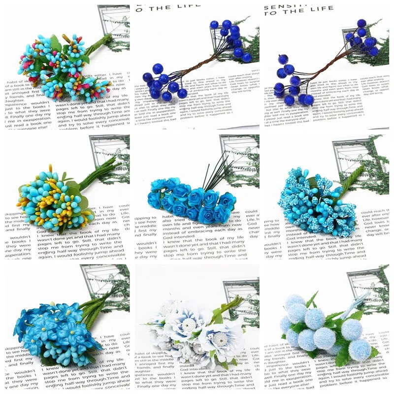 Mix Blue Flower Cherry Stamen Berries Bundle DIY Christmas Wedding Cake Gift Box Wreaths Decor 6/10/12/50/60/70/90/144pcs