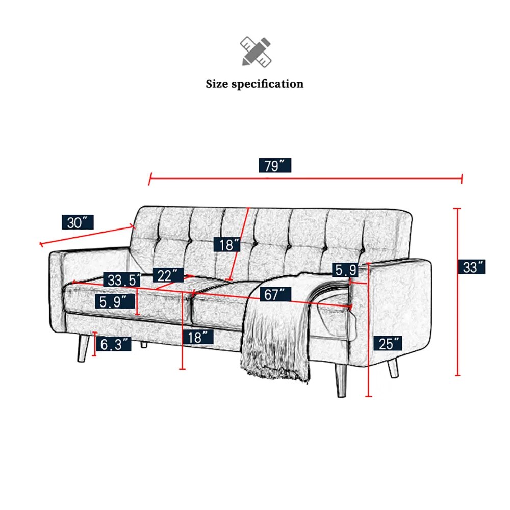 Mid-Century Ployester Fabric Sofa Hardwood Frame 79"Lx30"Wx33"H for Living Room Indoor Furniture Brown[US-Stock]