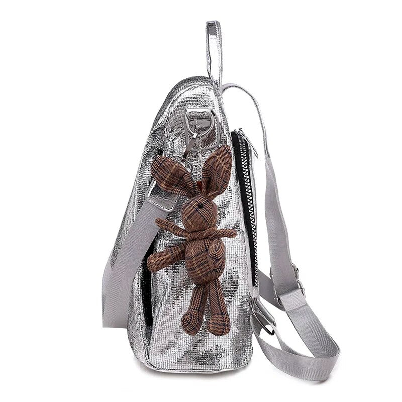 Toposhine 2023 New Casual Women Backpacks PU Leather Anti-Theft Black Backpack Girls School Shoulder Bag With Bunny Black/Silver