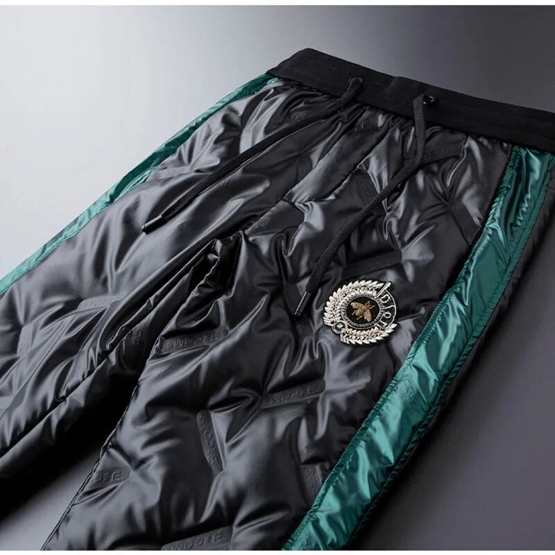 Black shiny men's down pants wear winter cold-proof badge bee warmth tide white duck down pants