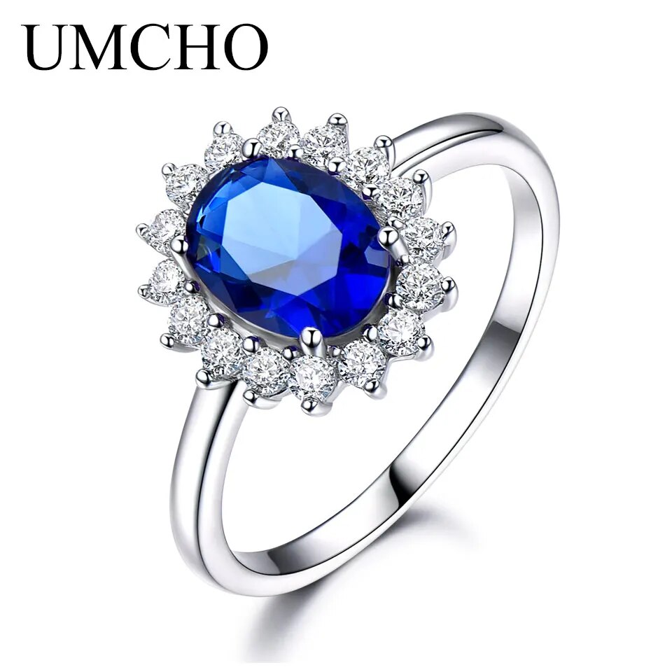 UMCHO Luxury Blue Sapphire Princess Diana Rings for Women Genuine 925 Sterling Silver Romantic Engagement Ring Wedding Jewelry