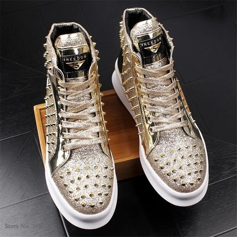 Luxury rivet Men's shoes designer sneakers men punk high tops gold light bottom Casual Platform shoes zapatillas hombre