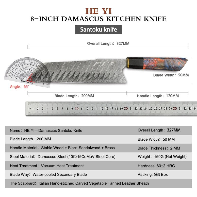 FZIZUO Santoku Knife Damascus Steel Blade Stabilized Wood Handle Cooking Knives Handmade Japanese Style Chef Knife with Sheath