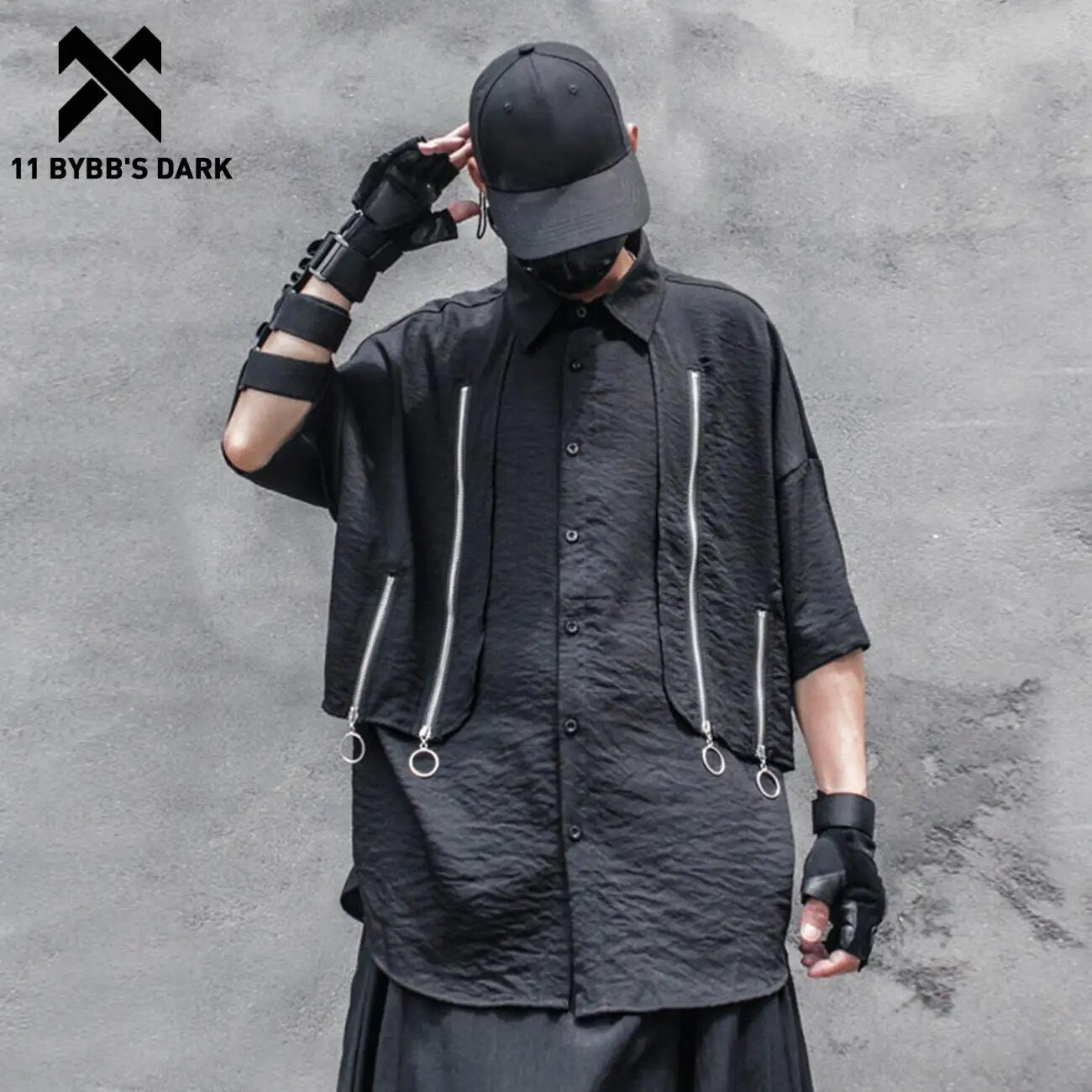 11 BYBB'S DARK Zipper Fake Two Shirts Oversized Loose Techwear Tee Shirts Men Harajuku Casual Short Sleeve Shirt Streetwear