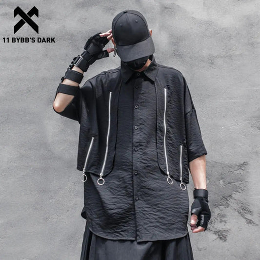 11 BYBB'S DARK Zipper Fake Two Shirts Oversized Loose Techwear Tee Shirts Men Harajuku Casual Short Sleeve Shirt Streetwear