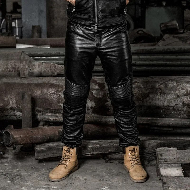 British Style Mens 2022 Winter New Genuine Leather Skinny Pants Biker Thick Black Casual High Quality Vintage Cowhide Pants