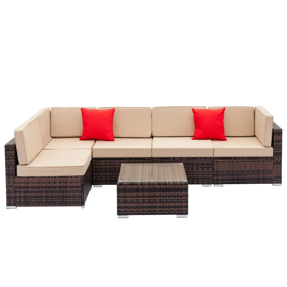 Patio Furniture Set Fully Equipped Weaving Rattan Sofa Set with 2pcs Corner Sofas & 4pcs Single Sofas & 1 pcs Coffee Table Brown