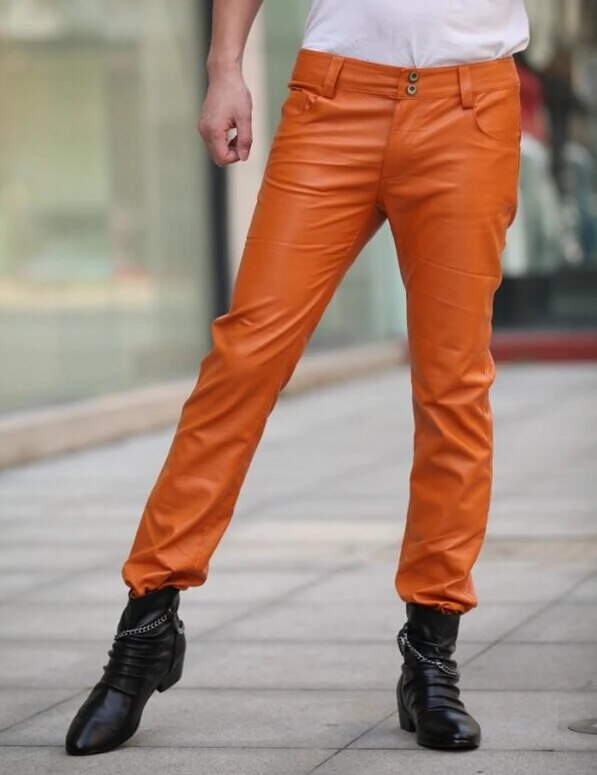 Azazel Free shipping 2020 New style Fashion leather pants Men orange Slim leather pants Nightclub male Plue Size trousers 29-39