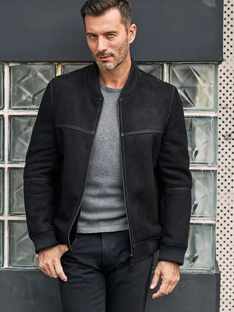 New Mens Shearling Coat Black Leather Jacket Short Fur Overcoat Baseball Uniform Warmest Winter Outwear