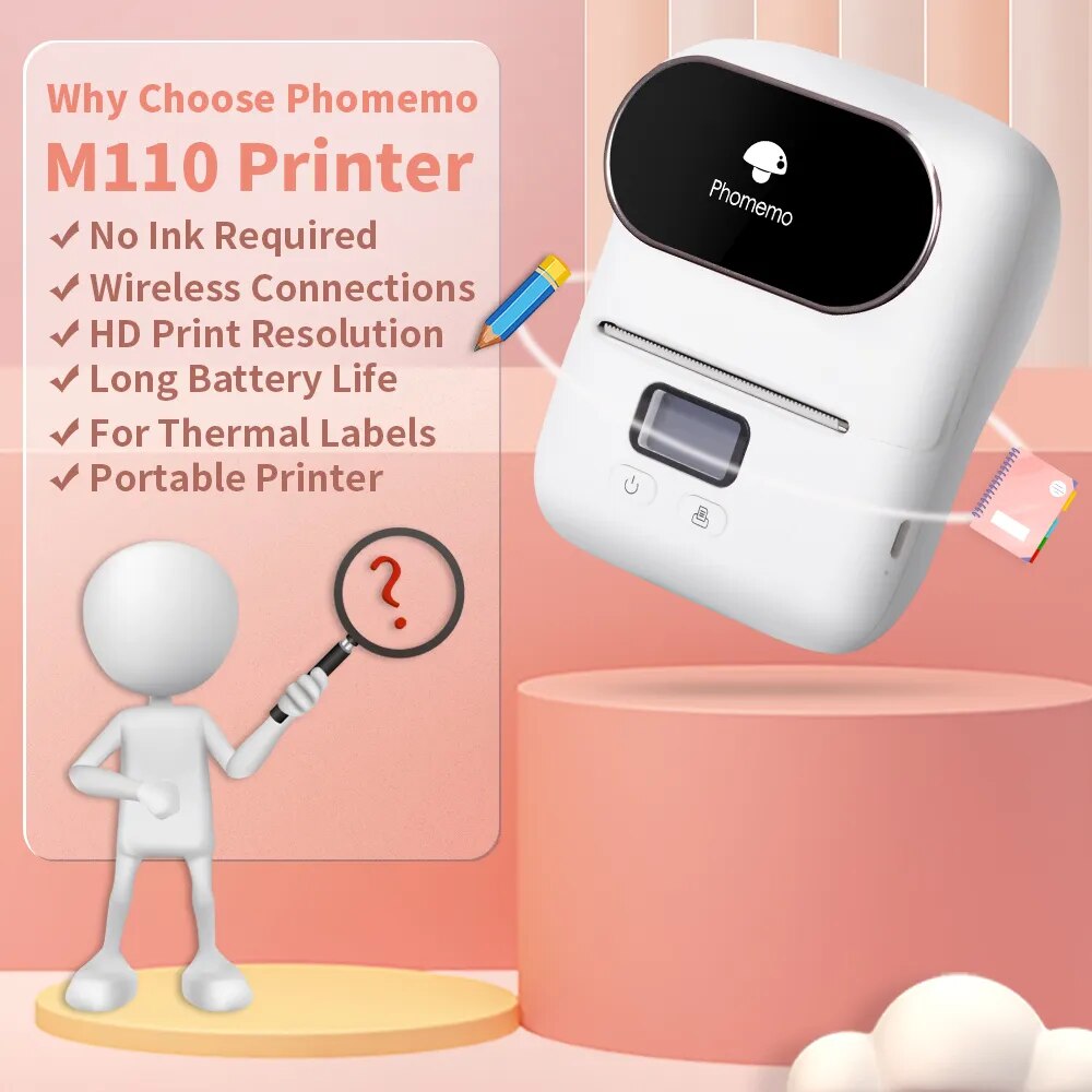 Phomemo M110 Wireless Printers Thermal Label Maker Android & IOS Phone Sticker Printer with Square Round Adhesive Paper Roll